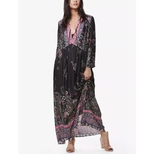Free People If You Only Knew Black, Pink & Gray Maxi Dress Floral Paisley Size M